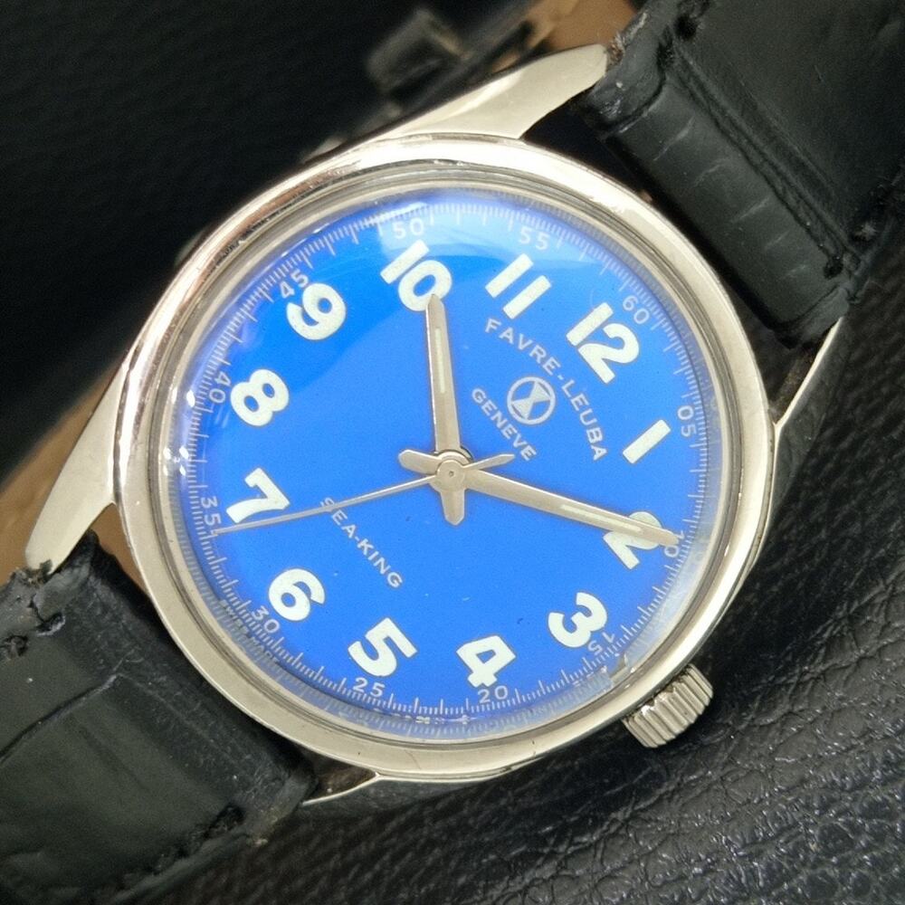 Vintage 1987 Favre Leuba Manual Mens Silver Watch W/Black Leather Strap